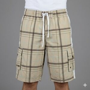 Surf Mentality Plaid Cargo Board Shorts Tan Blue White Size Medium